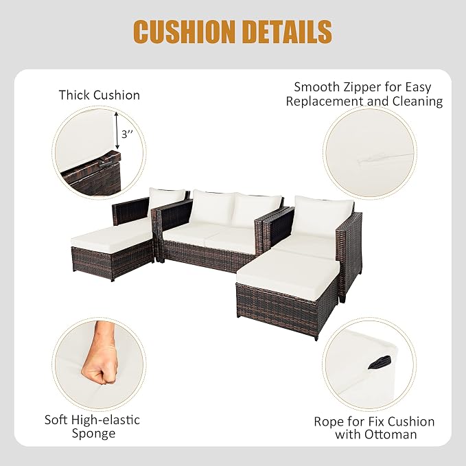 DORTALA 5-Piece Outdoor Patio Conversation Set, Loveseat and 2 Ottoman, Outdoor Sectional Rattan Sofa Set, Multifunctional Rattan Furniture Set Suitable for Backyard Garden Poolside Balcony, White