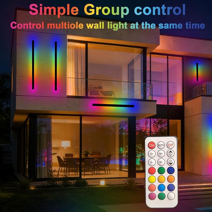 RGB Outdoor Wall Lights, Ip65 Waterproof Linear Led Modern Wall Sconce, 7 Colors and 358 Light Effects, Dimmable with Remote Modern Linear Exterior Light Fixture 31.5 inch (1 Pack)