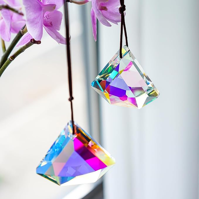 2 Pcs 1.9 Inch AB Crystal Prism Suncatcher Window Decor | AB Colored Crystal Prisms Sun Catcher Set of 2 Hanging Pendants for Window Indoor Home Garden Decor Rainbow Maker