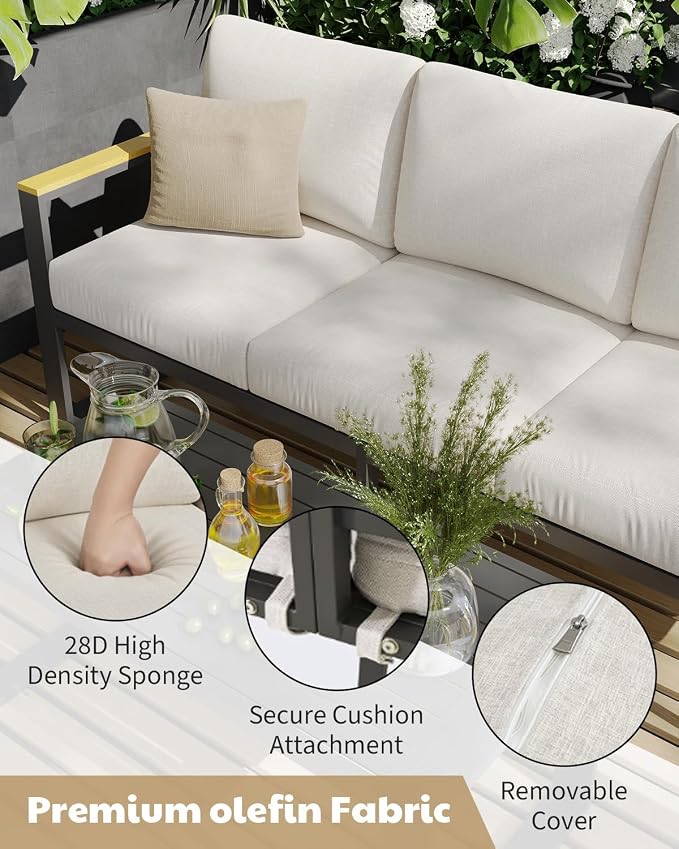 Aluminum Patio Ottoman Set of 2 - Outdoor Footstools with Cushions - Small Metal Garden Chairs - Ideal for Balcony, Deck, Backyard - Outdoor Furniture, Beige