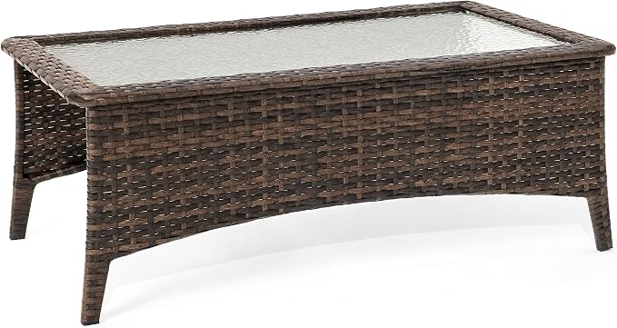 HILLGA Luxury Outdoor Coffee Table with Tempered Glass Top, Brown Wicker Patio Table, Ideal for Garden, Deck, and Yard