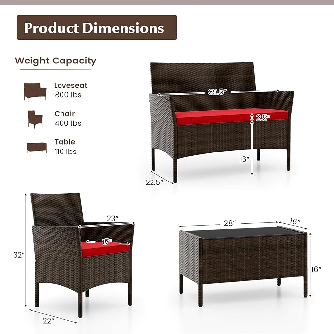4 Pieces Patio Sofa Set, Wicker Conversation Set with Ergonomic Curved Backrest, Patio Rattan Furniture Set with Water-Resistant Cushion & Tempered Glass Table for Balcony, Porch (Red)