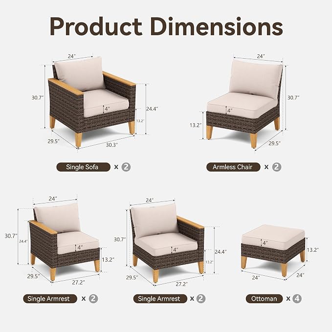 GREEN PARTY 12 Pieces Wicker Patio Furniture Set, All-Weather Outdoor Rattan Patio Sectional Sofa Conversation Set with 4" Thick Cushions for Garden, Backyard, 2 x Ottomans