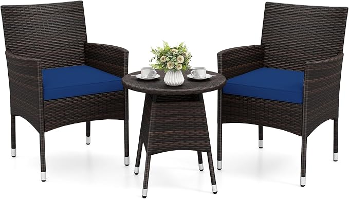Tangkula 3 Piece Patio Furniture Set, Hand-Woven PE Wicker Conversation Set with Contoured Armchairs, Cushions & Round Coffee Table, Outside Bistro Set for Porch, Backyard, Balcony (Navy Blue)