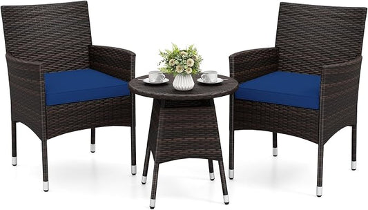 Tangkula 3 Piece Patio Furniture Set, Hand-Woven PE Wicker Conversation Set with Contoured Armchairs, Cushions & Round Coffee Table, Outside Bistro Set for Porch, Backyard, Balcony (Navy Blue)