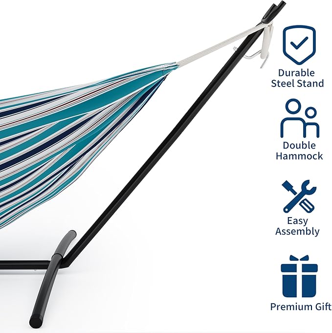 Double Cotton Hammock with Heavy Duty Steel Stand – 450 Lbs Capacity Brazilian Style Portable Hammock with Carry Bag for Backyard, Garden & Camping