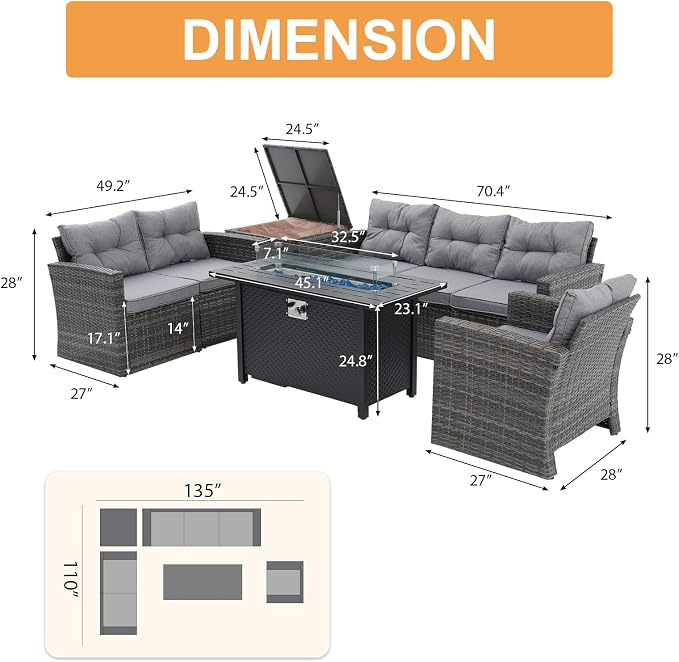 Super Patio 8 Pieces Outdoor Patio Furniture Set with 45” Fire Pit Table, Rattan Patio Conversation Sets with 50000 BTU Gas Fire Pit, Wicker Sectional Sofa Set with Storage Box, Gray (Without Table)