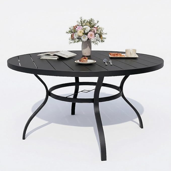 Patio Dining Table, 53" x 53" Outdoor Round Metal Table with1.57 Umbrella Hole, for Backyards, Porches, Gardens or Poolside, Black