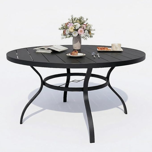 Patio Dining Table, 53" x 53" Outdoor Round Metal Table with1.57 Umbrella Hole, for Backyards, Porches, Gardens or Poolside, Black