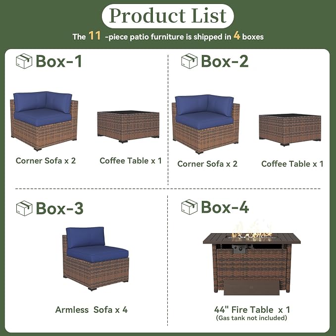 Aoxun 11 Piece Patio Furniture Set with 44” Fire Pit Table Wicker Rattan Outdoor Sectional Sofa Set with Coffee Table and 4” Thickened Cushions, Blue
