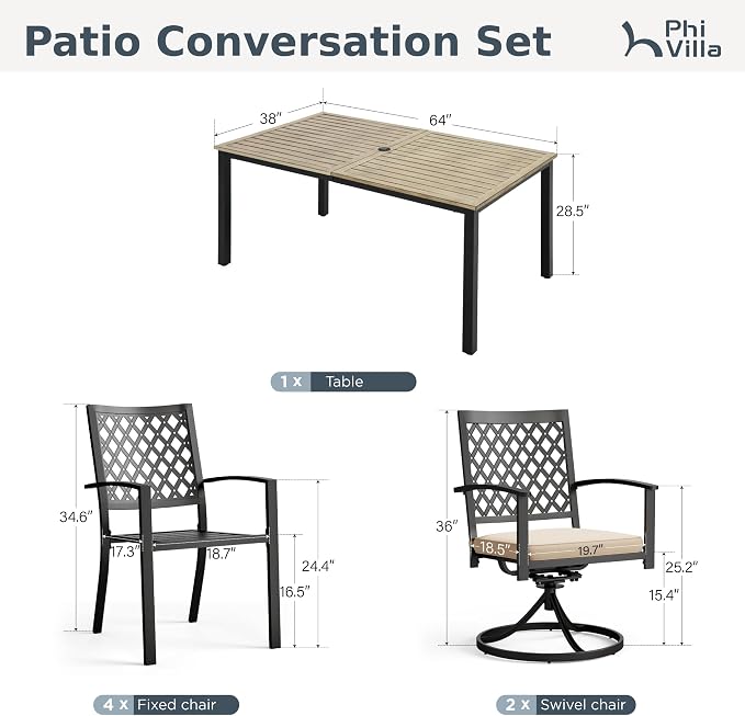 PHI VILLA 7 Pcs Outdoor Dining Set, 65" Wood-Like Table w/Umbrella Hole | Steel Table with Umbrella Hole&Fixed/Swivel Chairs with Cushions,Wrought Iron Furniture for Patio, Deck, Yard, Porch