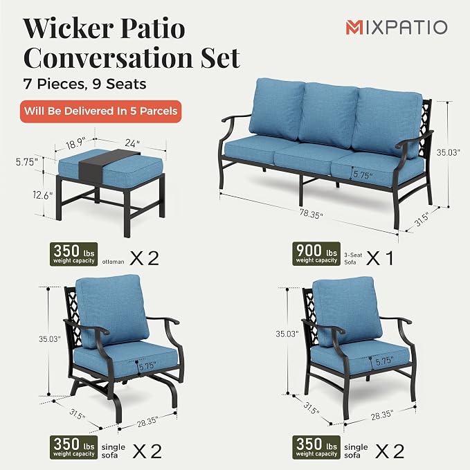 MIXPATIO Patio Furniture Set 7 pcs, Outdoor Patio Furniture, 3-Seat Sofa, 2 Single Chairs, 2 Rocking Chairs, 2 Ottomans and 5.75" Extra Thick Cushion, Conversation Set for Deck,Navy Blue