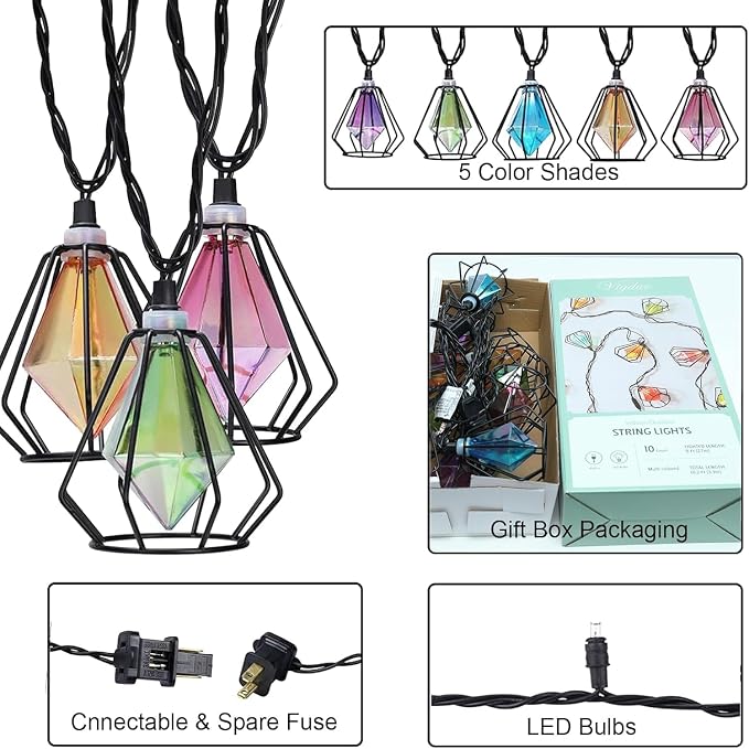 Vigdur Outdoor String Lights, 10FT Multicolor Lantern String Lights Plug-in | Metal Shade, 10 Colored Bulbs, UL Listed, 10 Strands Connectable, Outdoor Hanging Lights for Porch Garden Wedding Party