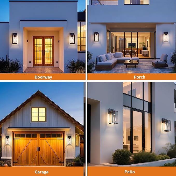2 Pack 13‘’ Dusk to Dawn Outdoor Wall Light Fixture, Large Front Porch Lights for House, Exterior Wall Sconce, Black Waterproof Lantern Lamp,Outside Coach Light for Garage Entryway Yard