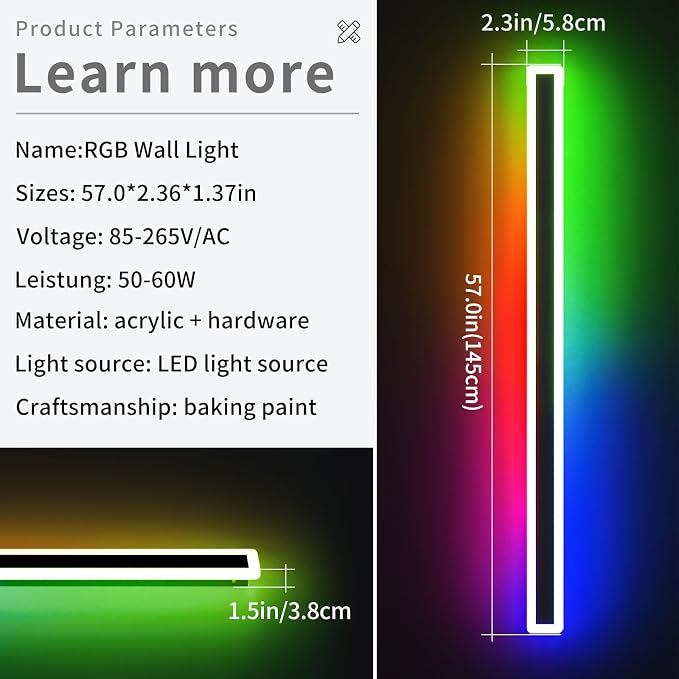57inch Long LED Outdoor Wall Light, RGB Exterior Lighting Fixture, Dimmable Modern Wall Sconce, 10 Colors, IP65 Waterproof, Wall Mounted Lamps for Porch, Garage, Yard, with Remote Control