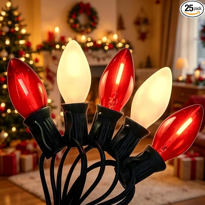 C7 Red and Frosted White Christmas Lights Outdoor, 26Ft Christmas Decorations String Lights with 27 LED Bulbs, Hanging Patio Lights Waterproof for Roofline House Garden Party Xmas Decor, Green Wire