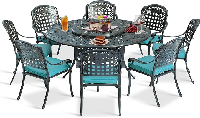 9-Piece Patio Cast Aluminum Dining Set, Outdoor Dining Furniture Set for 8 Person, Includes 8 Cushioned Chairs and 61" Large Round Dining Table W/ 31" Lazy Susan, Umbrella Hole, Ocean Blue