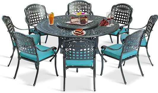 9-Piece Patio Cast Aluminum Dining Set, Outdoor Dining Furniture Set for 8 Person, Includes 8 Cushioned Chairs and 61" Large Round Dining Table W/ 31" Lazy Susan, Umbrella Hole, Ocean Blue