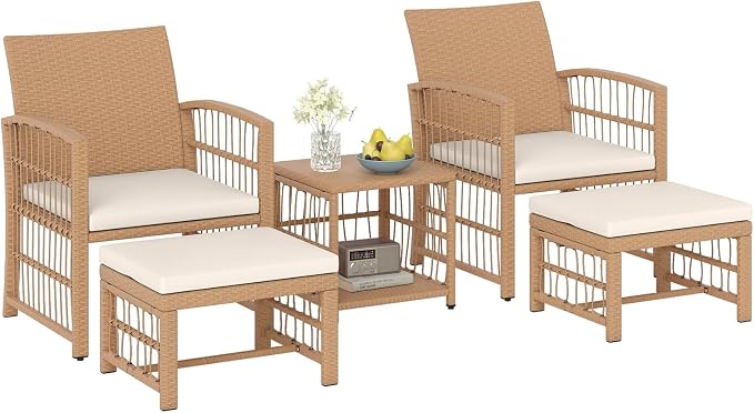 Tangkula 5 Pieces Patio Wicker Conversation Set, Outdoor Furniture Set with 2 Armchairs, 2 Ottomans & 2-Tier Side Table, Outside Rattan Cushioned Sofa Set for Deck, Backyard, Porch or Poolside