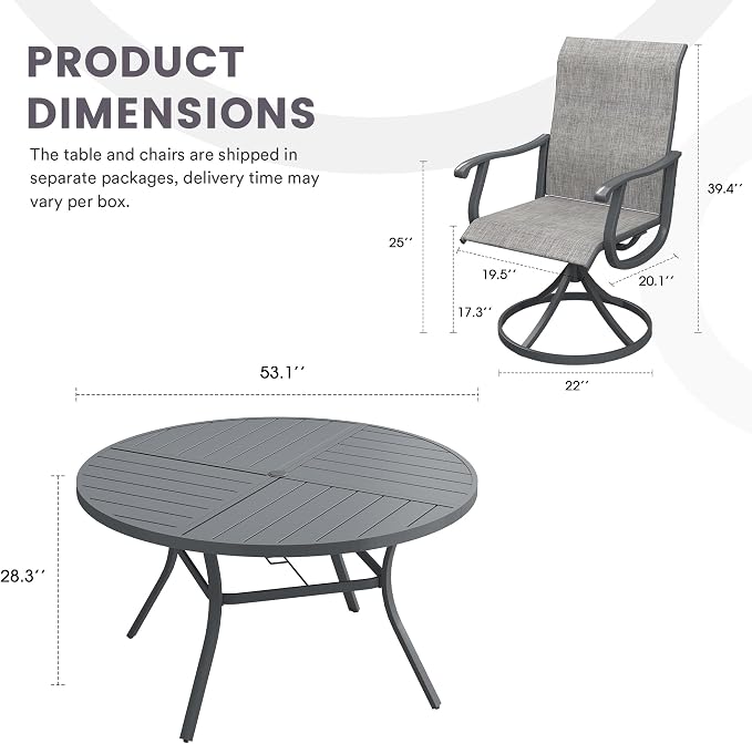 7 Pieces Patio Furniture Dining Set, 6 Textilene Swivel Dining Chairs, 53" Outdoor Round Metal Table with 1.57" Umbrella Hole, Outdoor Dining Set for Porch, Lawn, Garden, Grey/Grey