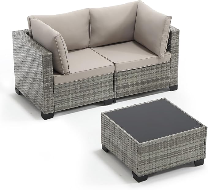 ANJ 3 Piece Outdoor Wicker Patio Furniture Set, Modular Loveseat Sofa with with Glass Top Coffee Table, All-Weather Rattan Conversation Couch Set for Balcony, Backyard, Light Grey Wicker-Grey