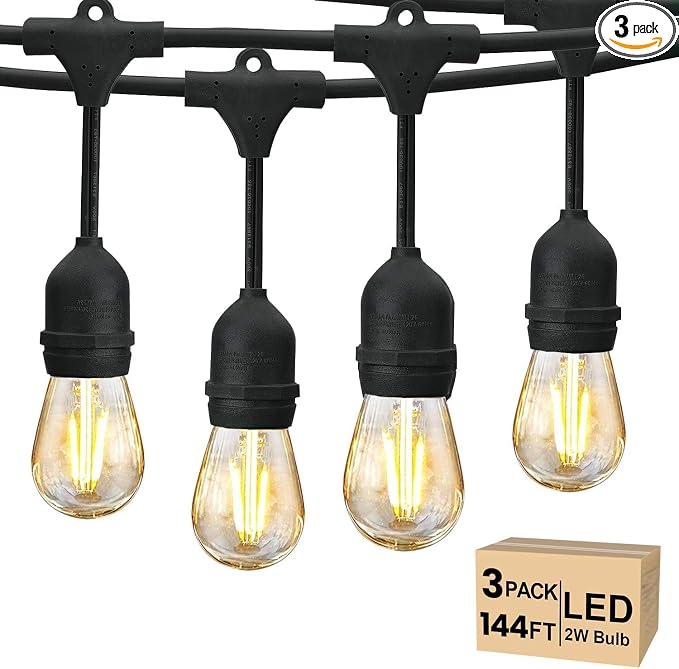 Svater 144 FT Outdoor String Lights 2W LED Outside Edison Waterproof ETL | Patio Light for Outside with 48 Antique S14 Bulbs, IP65 Hanging Bistro Cafe Market , Dimmable 2700K (48*3)