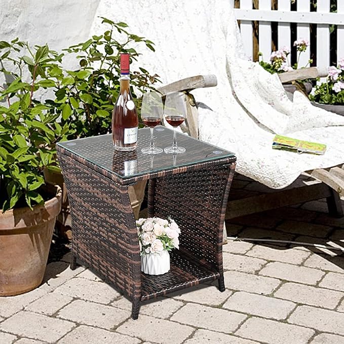 Wicker Rattan Side Table, Outdoor Square Rattan Coffee Table End Table Patio Wicker Table with Tempered Glass Top and Storage for Garden Porch Deck Backyard (Brown)