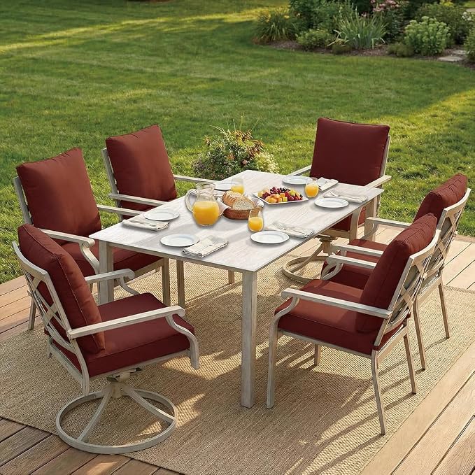 7-Piece Patio Dining Set, White Food-Grade Sintered Stone Dining Table with Umbrella Hole, 4 Dining Chairs and 2 Swivel Chairs with Red Removable Thickened Cushions for Garden Lawn Yard