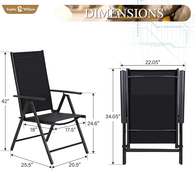 Sophia & William Patio Dining Set for 8, Metal Table & Black Folding Chairs | Light-weight & space-saving, Breathable & quick-drying, 8 person, Umbrella Hole, Weather-Resistant, Adjustable, Outdoor