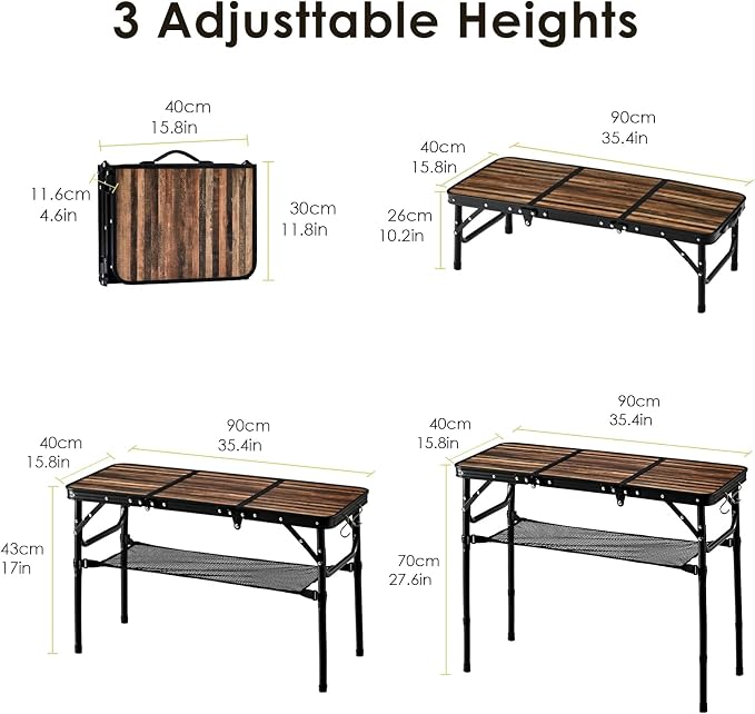 Folding Picnic Table 3ft Portable Camping Table with Adjustable Heights Lightweight Aluminum Foldable Small Card Table for Outdoor Indoor Camp Backyard BBQ