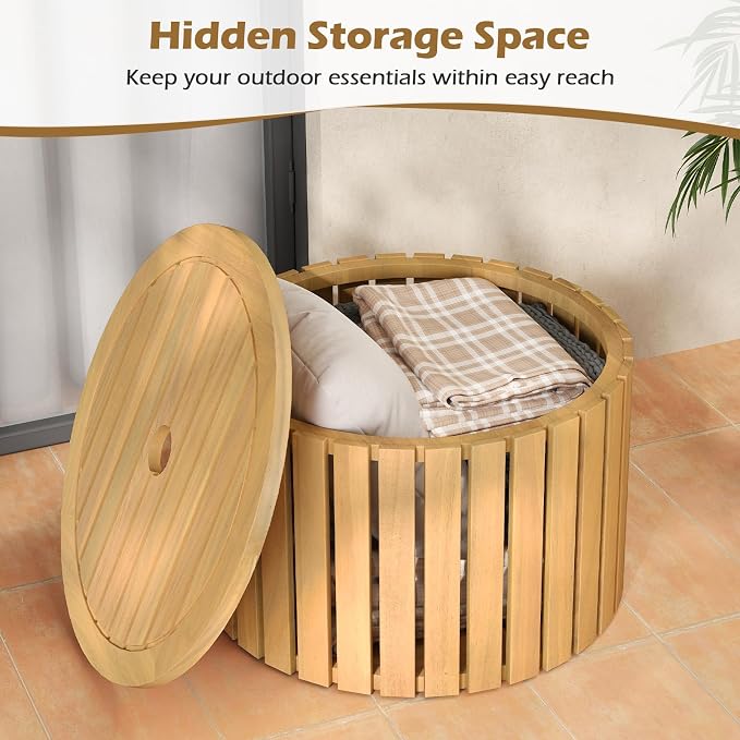 HAPPYGRILL Outdoor Side Table with Umbrella Hole, Acacia Wood End Table with Storage, Removable Base, Patio Storage Box for Backyard, Balcony, Poolside (Round)