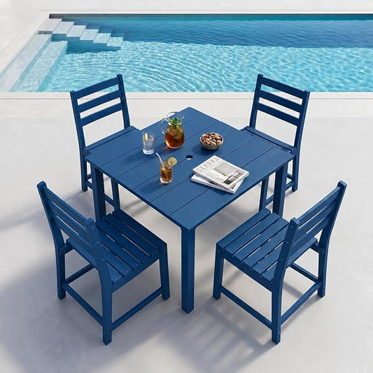HDPE Outdoor Dining Set for 4, Square Table and Chairs, Navy | All-Weather HDPE, Wood Grain Finish, 42.5" Square Table, Built-In Umbrella Hole, Seats 4, Patio & Poolside Ready