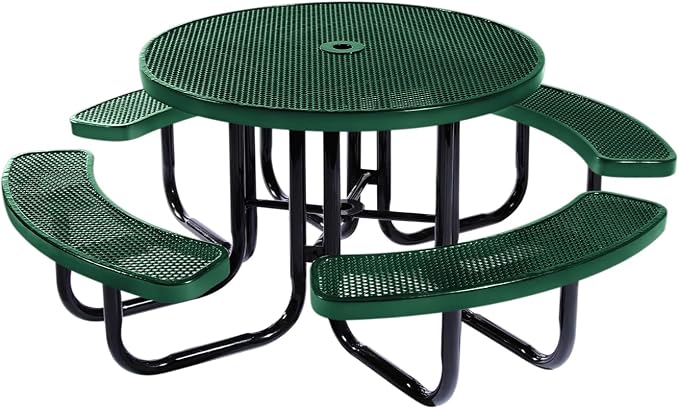 COATEDOUTDOORFURNITURE Heavy-Duty Portable Outdoor Picnic Table with Umbrella Hole, Punched Steel Commercial-Grade Patio Dining Furniture Made in America (46" Round Top, Textured Green)