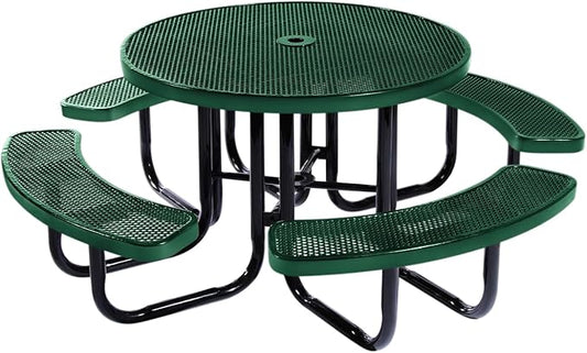 COATEDOUTDOORFURNITURE Heavy-Duty Portable Outdoor Picnic Table with Umbrella Hole, Punched Steel Commercial-Grade Patio Dining Furniture Made in America (46" Round Top, Textured Green)