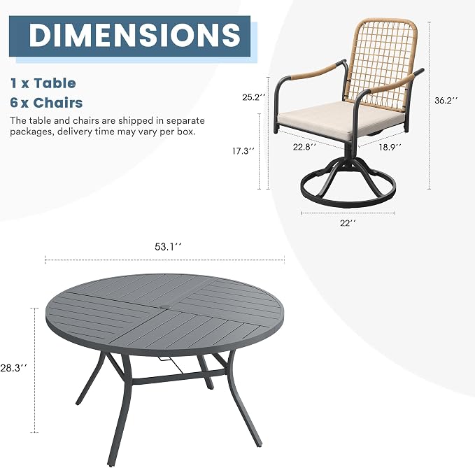 DIFY 7 Pieces Outdoor Dining Set, Metal Patio Table and Chairs Set for 6, 53.1" Round Dining Table with Umbrella Hole & Wicker Swivel Patio Chairs with Cushions, Grey Tabletop