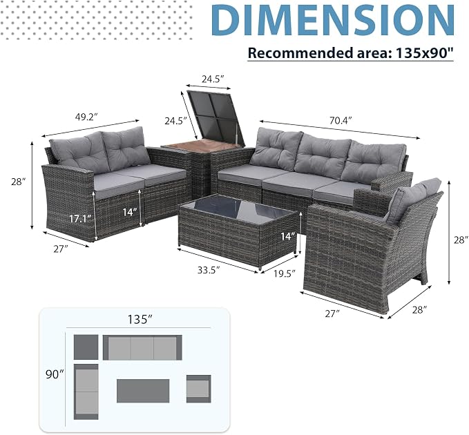 JOIVI 8 Pieces Patio Furniture Set with Storage Box, Rattan Patio Conversation Set, Rattan Couch Sectional Sofa Set with Cushions and Coffee Table for Outside Porch, Deck, Gray