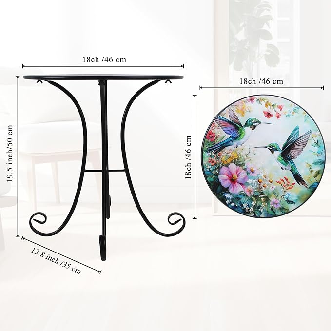 VEWOGARDEN Outdoor Side Table, 18" Weather Resistant Metal End Table with Hummingbird and Flower Design for Patio Porch Garden Balcony Yard