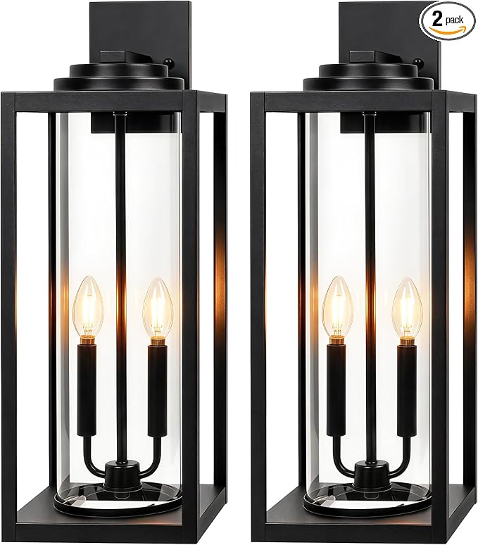 FILIYANO Large 24 Inch Outdoor Wall Light Fixtures, Black, 2-Pack | IP65 Waterproof, Anti Rust, Hardwired, Tempered Glass, E12, 2-light, Modern, Exterior, Porch, Garage and Front Door Lantern