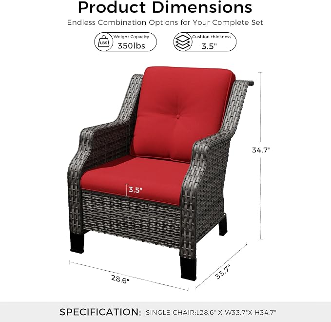 Outdoor Patio Chairs Set of 2, Wicker Patio Furniture with Thick Cushions, Curved Armrest, Deep Seating, Rattan Outdoor Chairs for Porch, Deck, Balcony