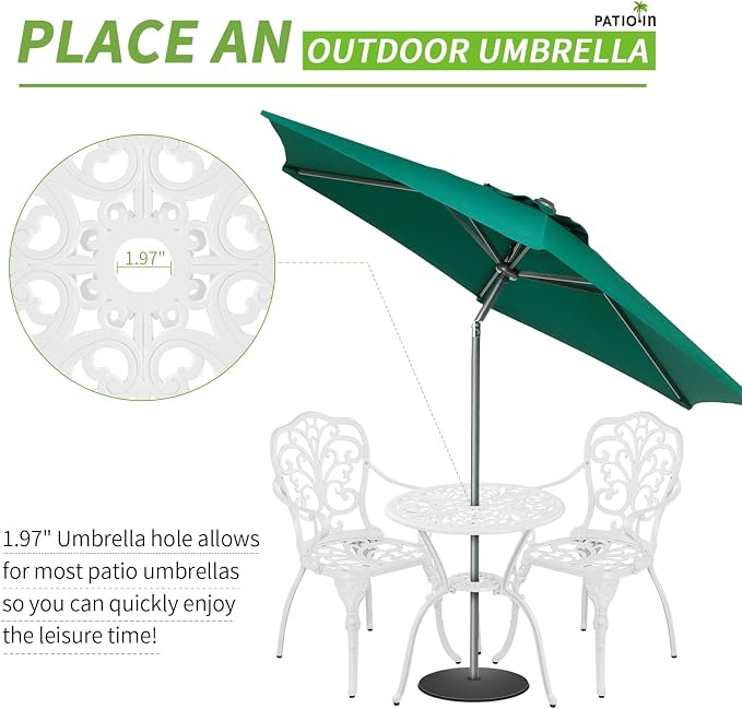 Outdoor Bistro Set 3 piece, Bistro Table and Chair Set of 2, Cast Aluminum Patio Dinning Set with Umbrella Hole for Balcony, Garden, Porch