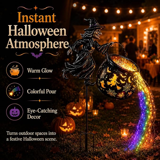 Halloween Witch Cauldron Garden Light,Colorful Flowing Waterfall LED Stake with Flying Witch Projector for Outdoor Yard Lawn Patio Pathway Decor