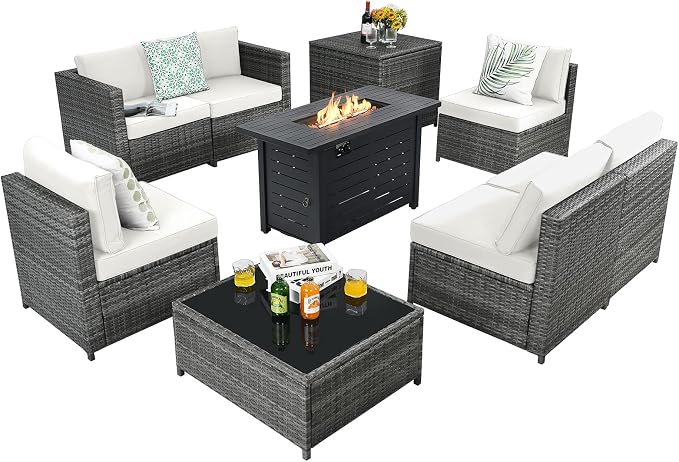 Tangkula 9 Pieces Patio Rattan Furniture Set, Patiojoy Sectional Sofa Set w/Storage Box, Coffee Table, Outdoor Wicker Conversation Set w/ 42” ETL Approved Propane Fire Pit Table (White)