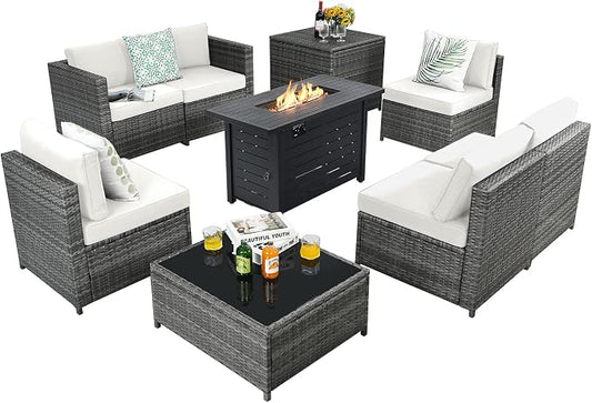 Tangkula 9 Pieces Patio Rattan Furniture Set, Patiojoy Sectional Sofa Set w/Storage Box, Coffee Table, Outdoor Wicker Conversation Set w/ 42” ETL Approved Propane Fire Pit Table (White)