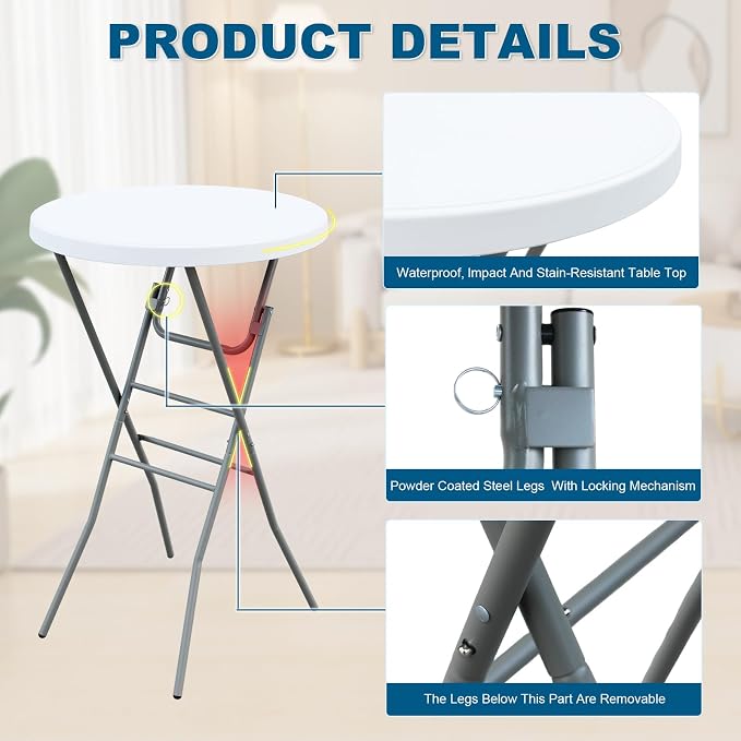 28” Round Folding Bar Table, High Top Cocktail Table with Locking Mechanism, HDPE Waterproof Stain-Resistant Top, Indoor Outdoor Patio Garden Party, White, 1 PCS