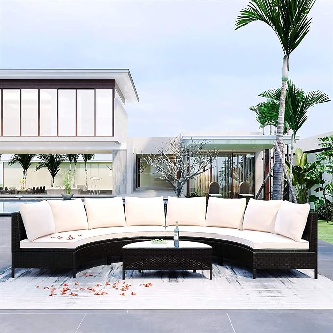 5-Piece Half Moon Outdoor Sectional Sofa Set, Patio All-Weather PE Wicker Furniture with Pillows, Cushions and Half-Moon Tempered Glass Table,Beige