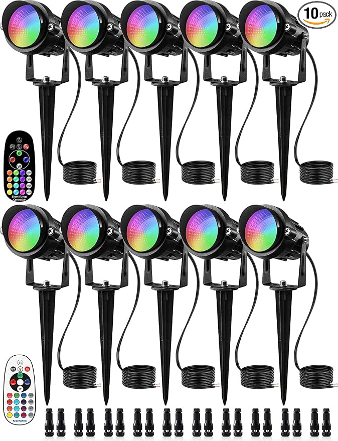 SUNVIE Low Voltage Landscape Lighting RGB Color Changing LED Landscape Lights with Remote Control Waterproof Garden Patio Spotlight Christmas Decoration for Outdoor(10 Pack with Connector) | RGB Color Changing LED Landscape Lights with Remote Control W...