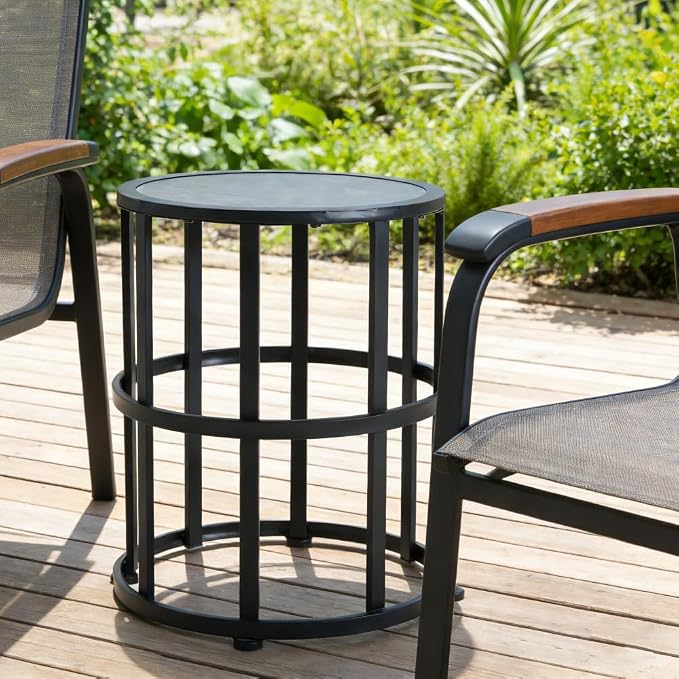Patio Side Table with Ceramic Tile Top and Powder Coated Iron Frame - Lightweight, Weatherproof Outdoor Accent Furniture, Grey Finish