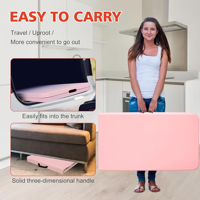 Portable 8Ft Folding Table, Heavy Duty Plastic Fold-in-Half Utility Foldable Dining Table, Multi-Purpose Plastic Folding Table with Carrying Handle for Camping and Party Indoor/Outdoor (Pink)
