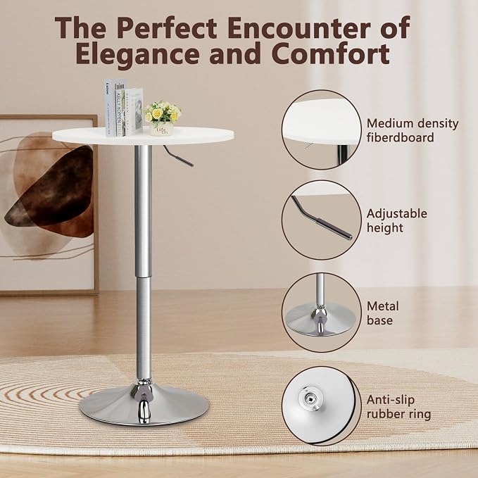 CLATINA Round Bar Pub Tables Set of 2, 26"-36" Height Adjustable Bistro Table with Metal Base, 360° Swivel High Top Cocktail Table for Home Kitchen Party Drink Restaurant Wedding Cafe Reception, White
