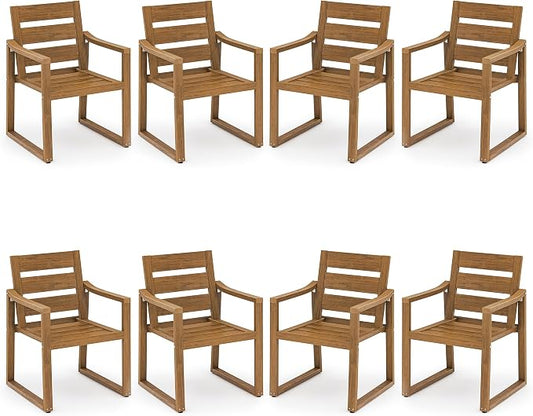 Cozyman HDPS Patio Dining Chairs Set of 8, 350LBS, with Armrest, All Weather Kitchen Chairs with Square Frame Legs for Outdoor Indoor, Backyard, Teak Color-Oil Printed
